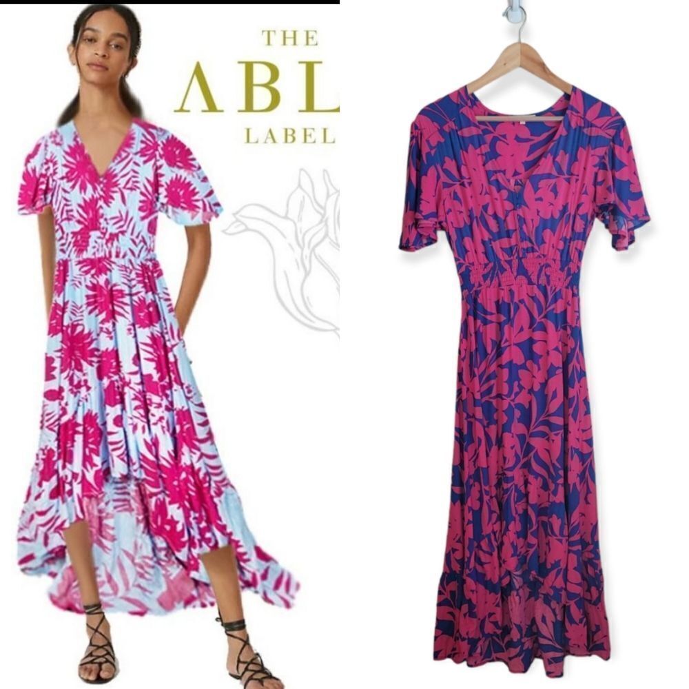 Able The Label Floral Print High Low Maxi Dress Size XS Blue and Pink